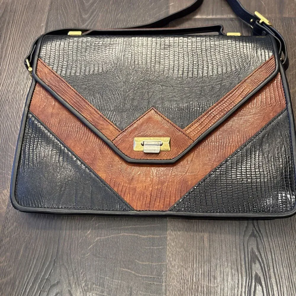 Roche Handmade Black & Brown Lizard Leather Convertible Handbag Briefcase